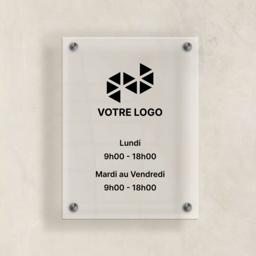 Plaque professionelle plexiglass 25*30 horaires ouverture avec logo transparent lettres noir et blanc